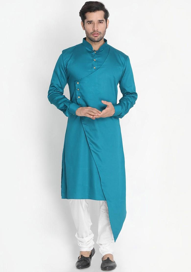 Teal Solid Poly Blend Kurta Set For Men