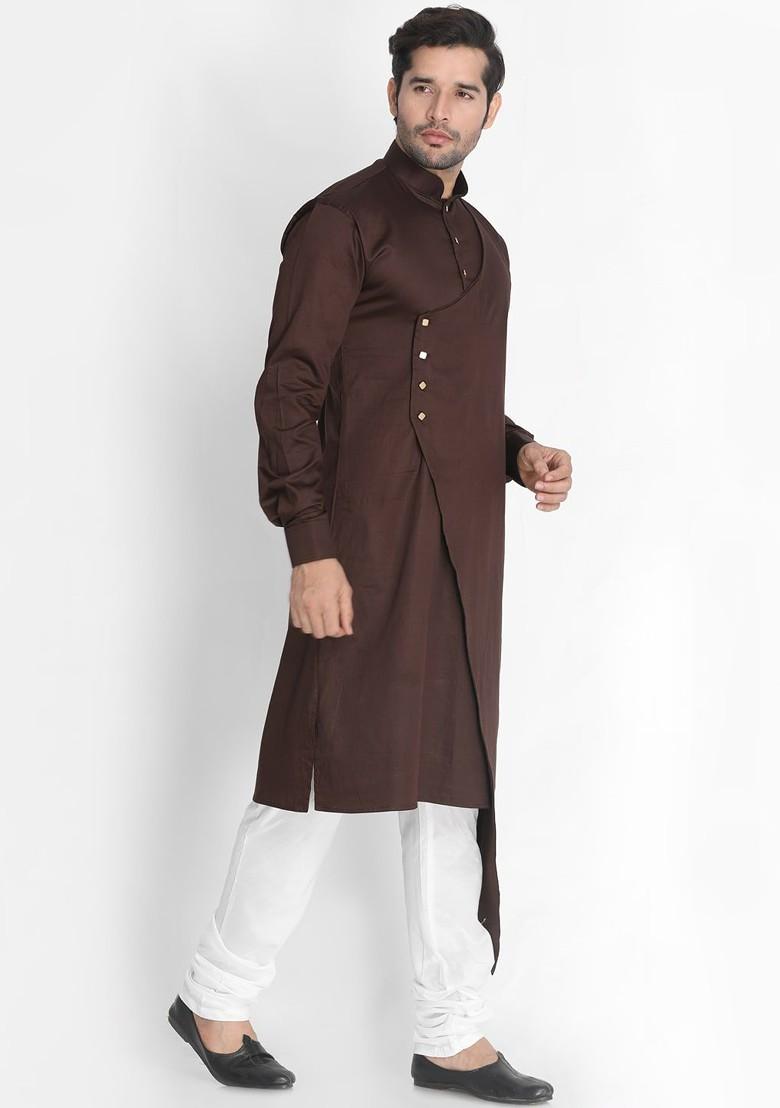 Coffee Brown Solid Poly Blend Kurta Set For Men