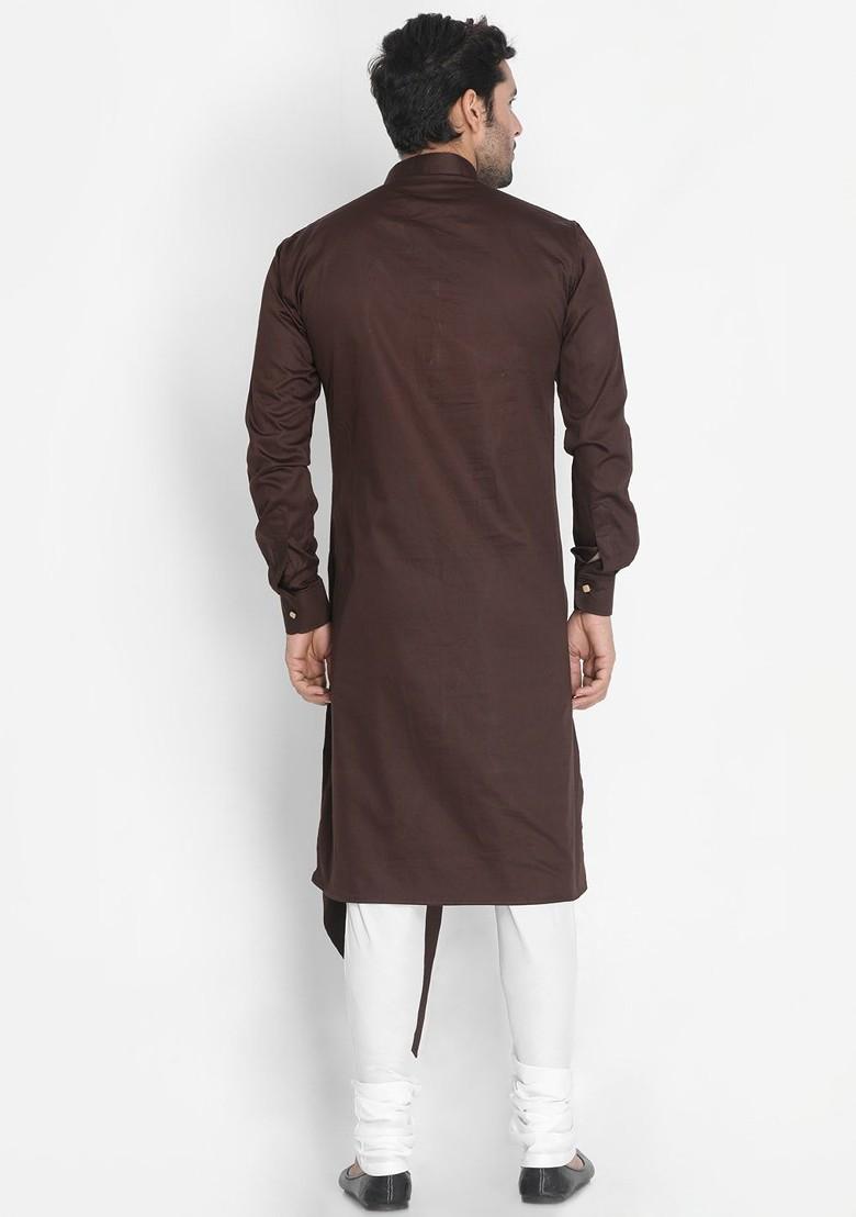 Coffee Brown Solid Poly Blend Kurta Set For Men