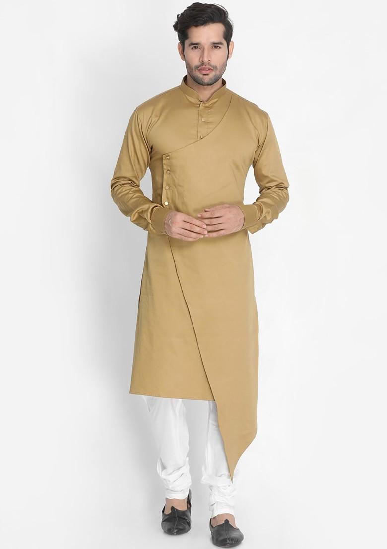 Camel Brown Solid Poly Blend Kurta Set For Men