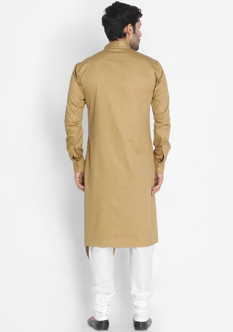 Camel Brown Solid Poly Blend Kurta Set For Men