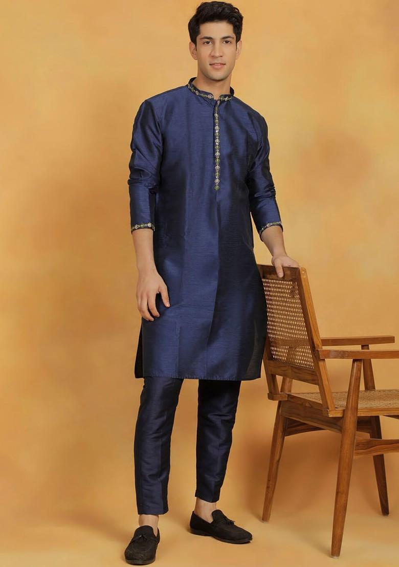 Navy Blue Thread Work Poly Blend Kurta Set For Men