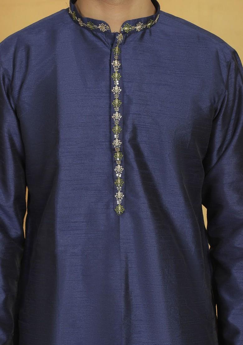 Navy Blue Thread Work Poly Blend Kurta Set For Men