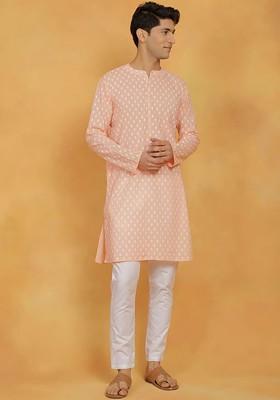 Peach Ethnic Motifs Poly Blend Kurta Set For Men