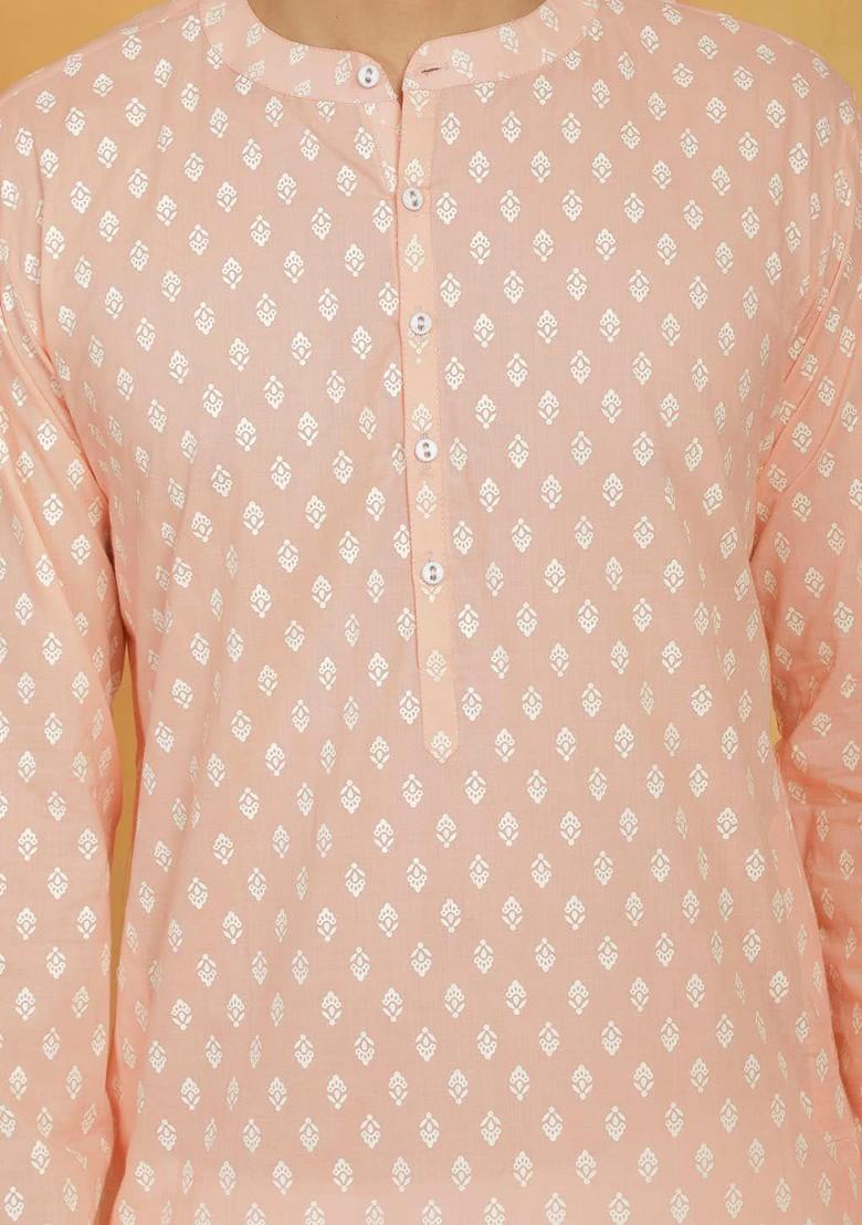 Peach Ethnic Motifs Poly Blend Kurta Set For Men