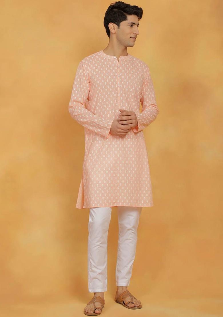 Peach Ethnic Motifs Poly Blend Kurta Set For Men