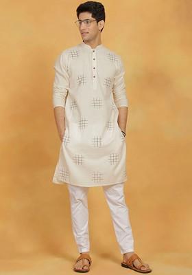 Cream Embroidered Poly Blend Kurta Set For Men