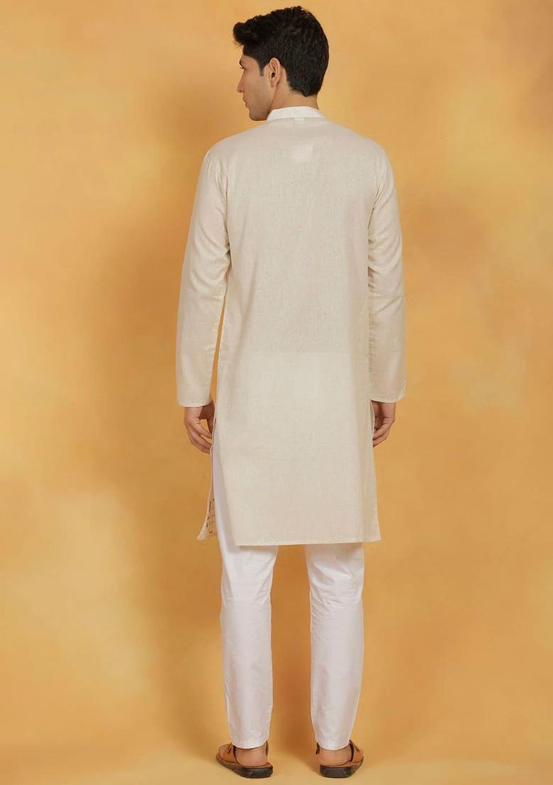 Cream Embroidered Poly Blend Kurta Set For Men