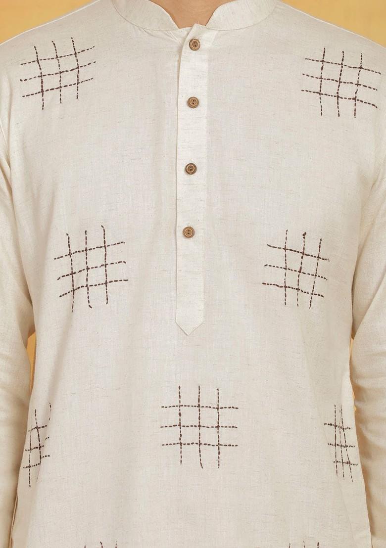 Cream Embroidered Poly Blend Kurta Set For Men