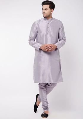 Lavender Solid Poly Blend Kurta Set For Men