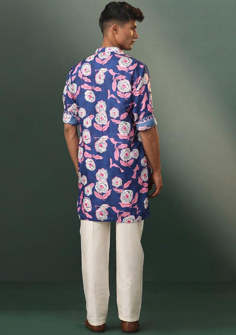Navy Blue Floral Print Poly Blend Kurta Set For Men
