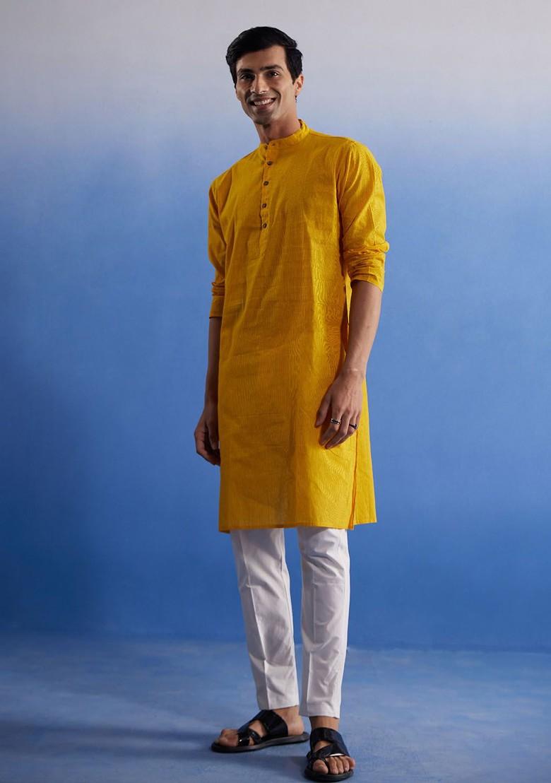 Mustard Striped Cotton Kurta Set For Men