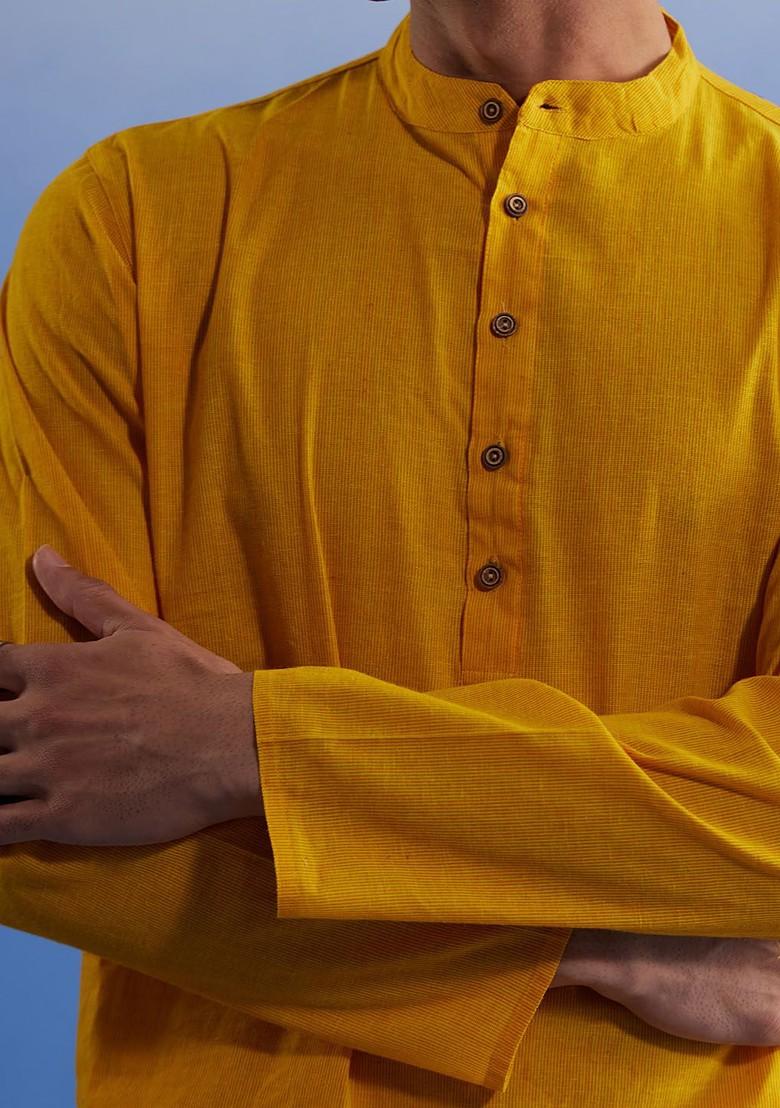 Mustard Striped Cotton Kurta Set For Men