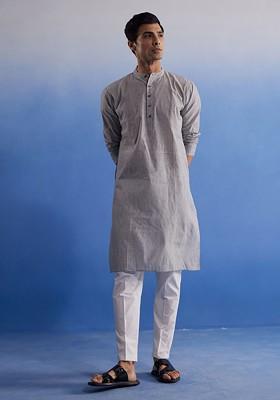 Grey Striped Cotton Kurta Set For Men