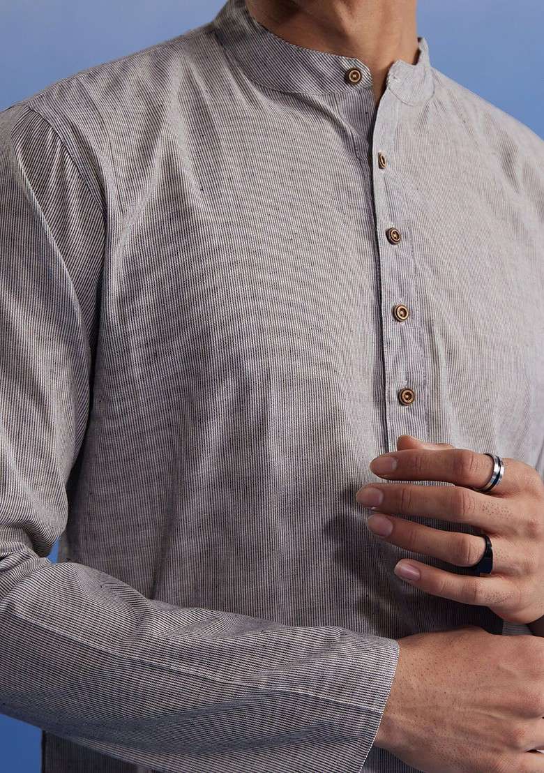 Grey Striped Cotton Kurta Set For Men - Indya