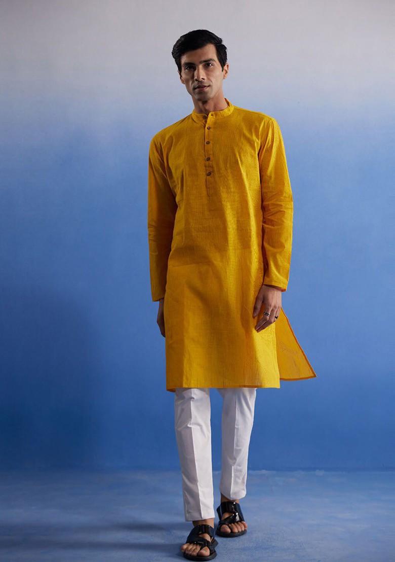 Mustard Striped Cotton Kurta Set For Men