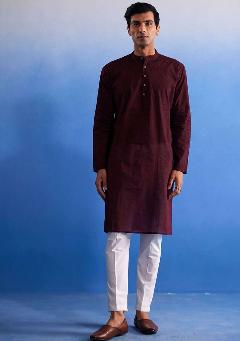 Maroon Solid Cotton Kurta Set For Men - Indya