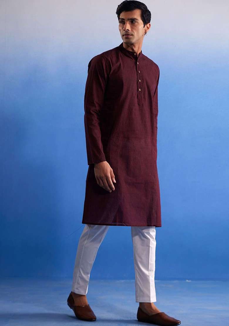 Maroon Solid Cotton Kurta Set For Men - Indya