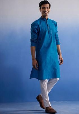 Blue Solid Cotton Kurta Set For Men