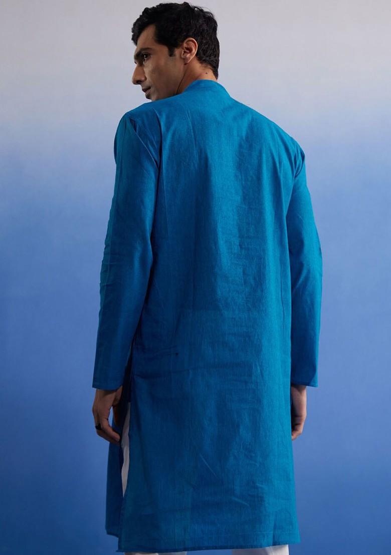Blue Solid Cotton Kurta Set For Men