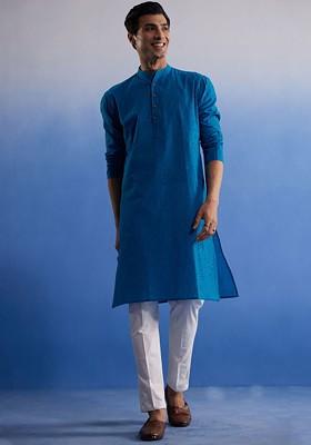 Blue Solid Cotton Kurta Set For Men