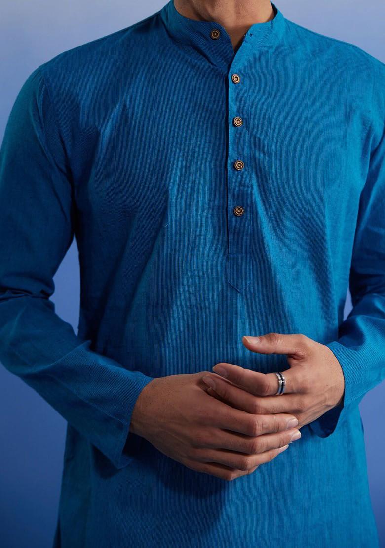 Blue Solid Cotton Kurta Set For Men