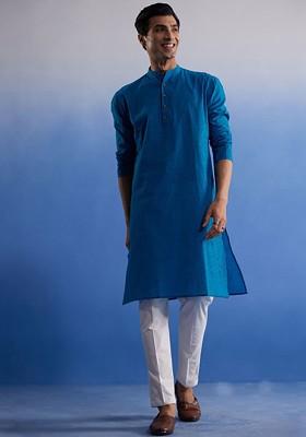 Blue Solid Cotton Kurta Set For Men