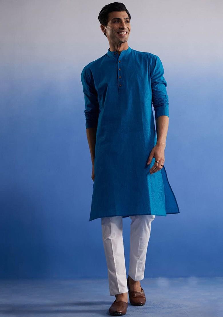 Blue Solid Cotton Kurta Set For Men