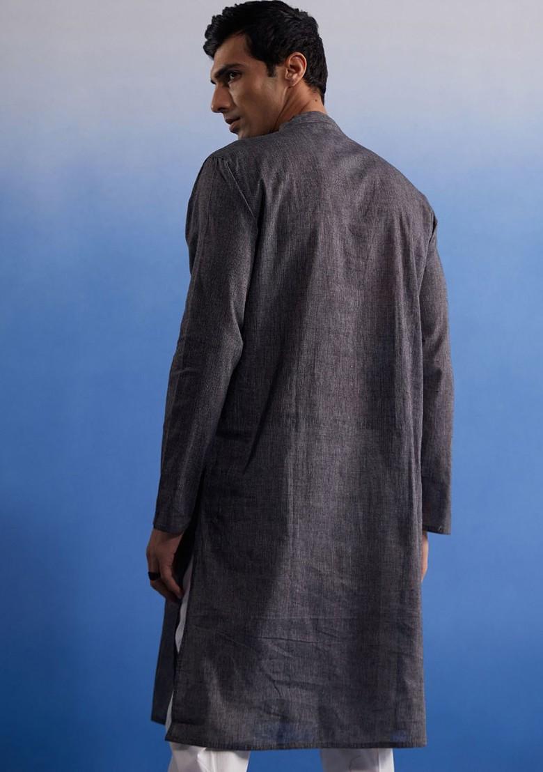 Grey Solid Cotton Kurta Set For Men