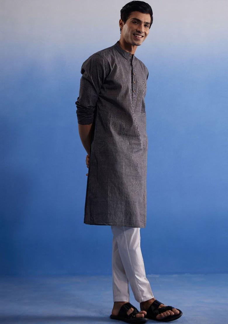 Grey Solid Cotton Kurta Set For Men