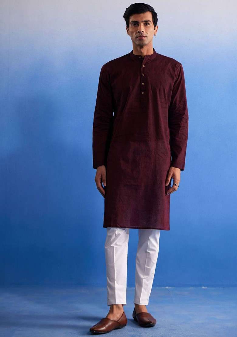 Maroon Solid Cotton Kurta Set For Men - Indya