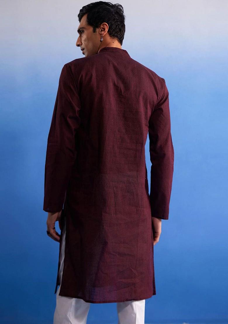 Maroon Solid Cotton Kurta Set For Men