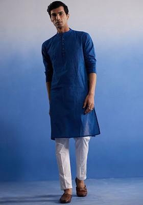 Blue Striped Cotton Kurta Set For Men