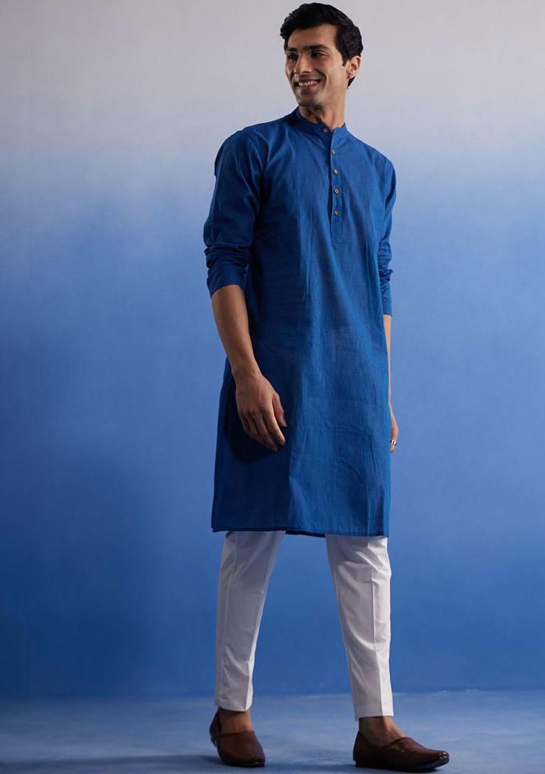 Blue Striped Cotton Kurta Set For Men