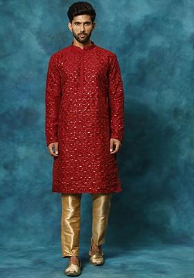 Maroon Floral Print Poly Blend Kurta Set For Men