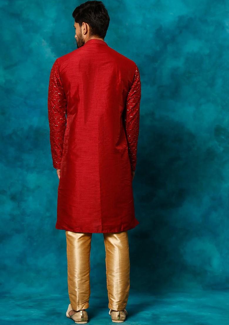 Maroon Floral Print Poly Blend Kurta Set For Men
