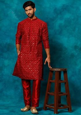 Maroon Embroidered Poly Blend Kurta Set For Men