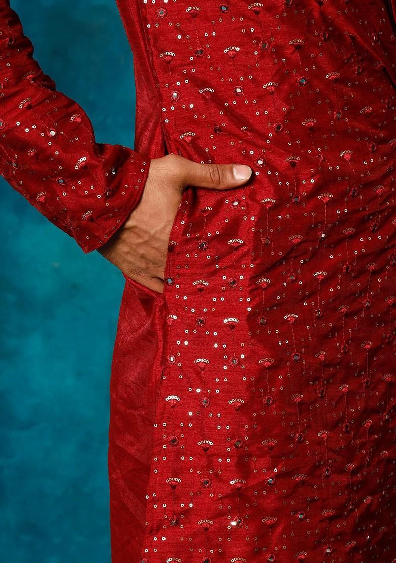Maroon Embroidered Poly Blend Kurta Set For Men
