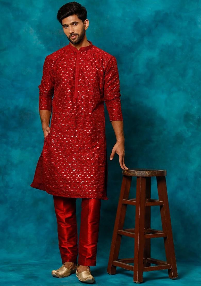 Maroon Embroidered Poly Blend Kurta Set For Men