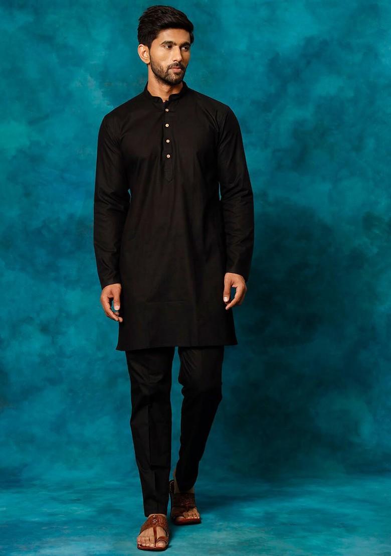 Black Solid Poly Blend Kurta Set For Men
