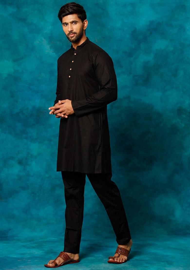 Black Solid Poly Blend Kurta Set For Men
