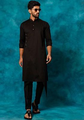 Black Solid Poly Blend Kurta Set For Men