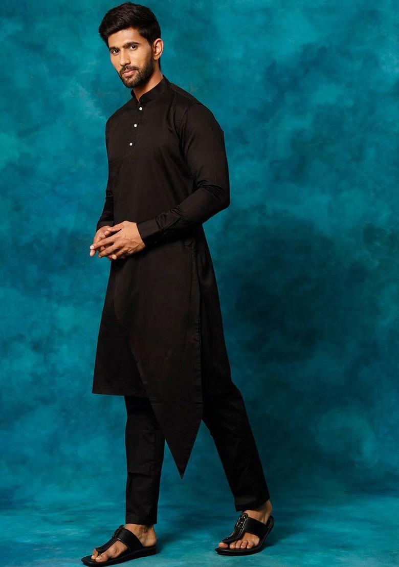 Black Solid Poly Blend Kurta Set For Men