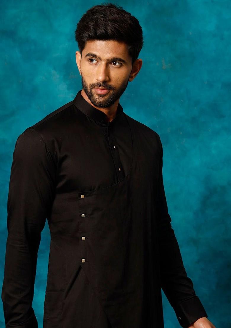 Black Solid Poly Blend Kurta Set For Men