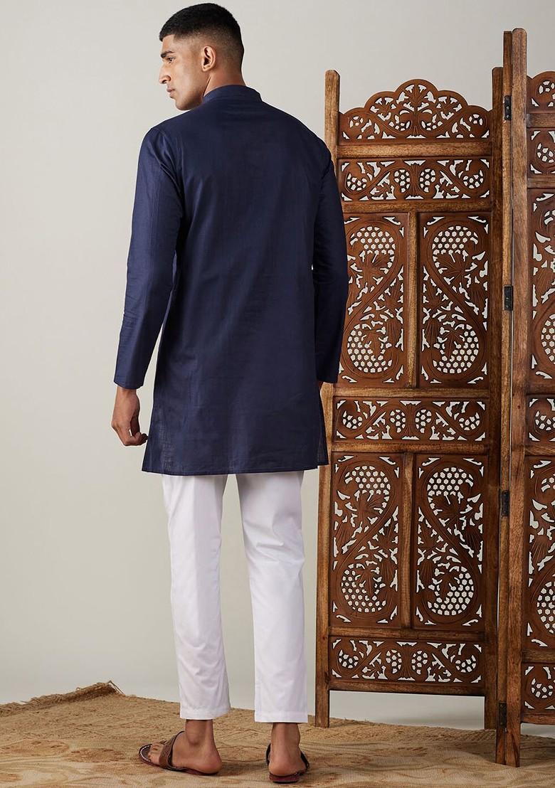 Navy Blue Solid Poly Blend Kurta Set For Men