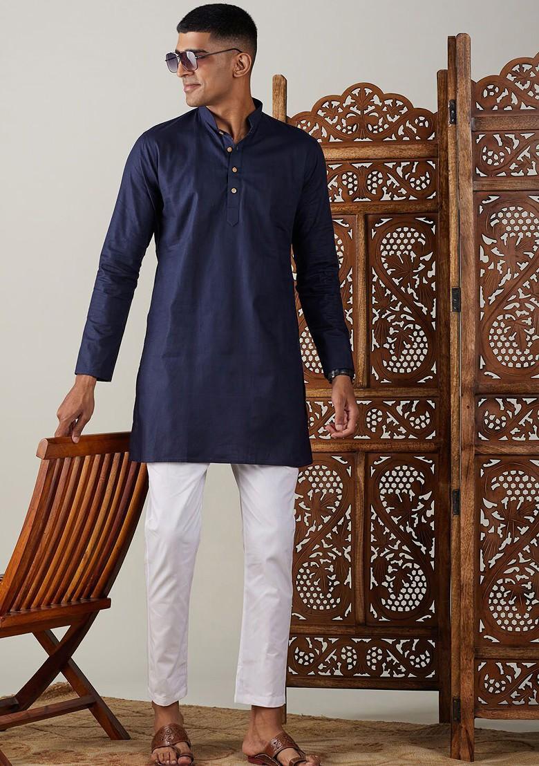 Navy Blue Solid Poly Blend Kurta Set For Men