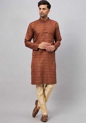 Coffee Brown Solid Poly Blend Kurta Set For Men