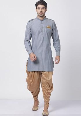 Grey Solid Pathani Kurta Set For Men
