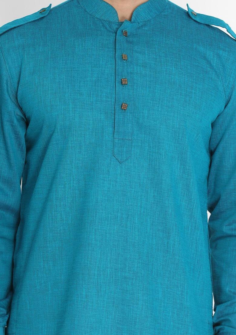 Turquoise Blue Solid Pathani Kurta Set For Men