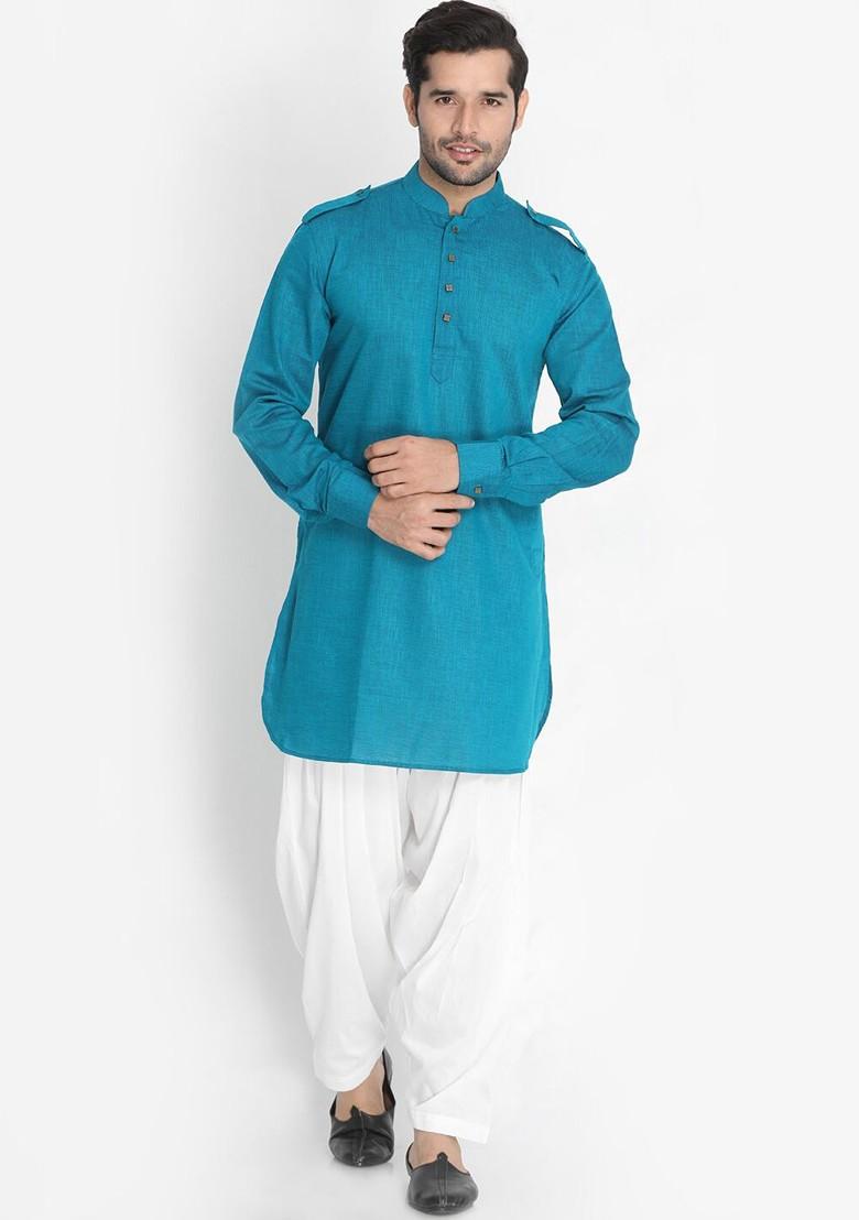 Turquoise Blue Solid Pathani Kurta Set For Men